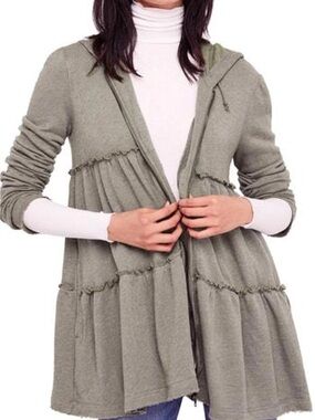 Free People Olive Hooded Tiered Open-Front Cardigan
